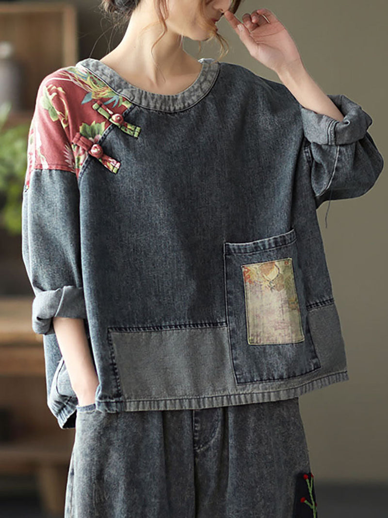 Retro Stitching Patchwork Print Denim Sweatshirt Sc1032