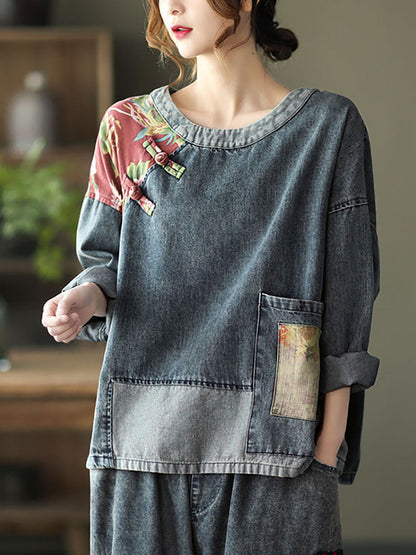 Retro Stitching Patchwork Print Denim Sweatshirt Sc1032