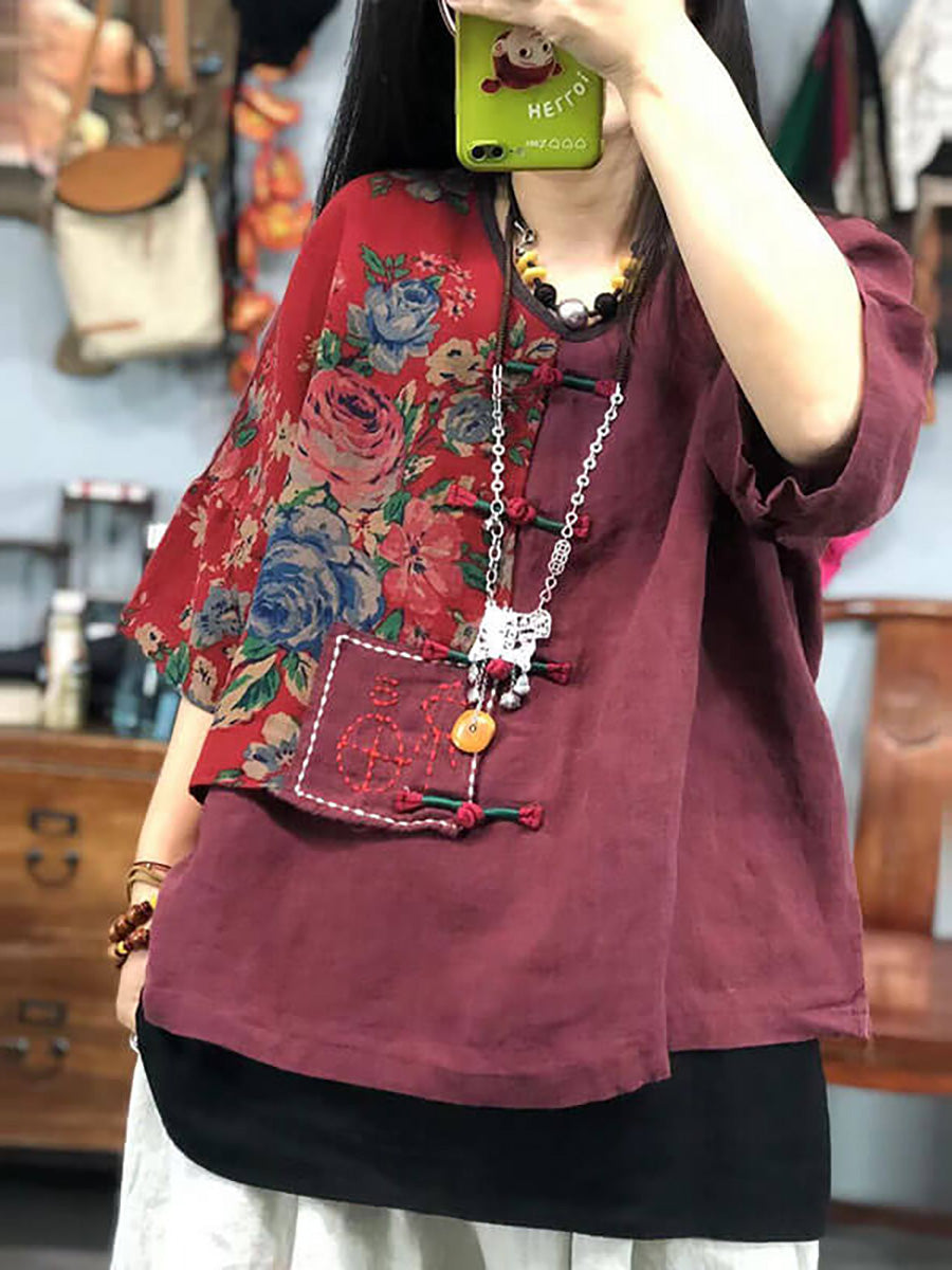 Embroidered Retro Ramie Cotton Stitching T-shirt As1029