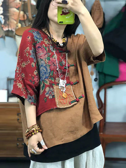 Embroidered Retro Ramie Cotton Stitching T-shirt As1029