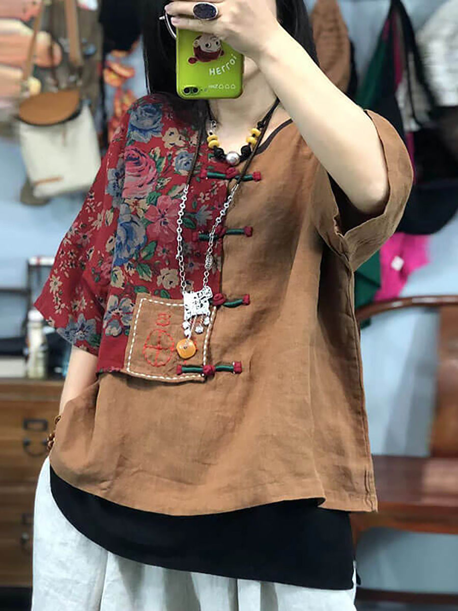 Embroidered Retro Ramie Cotton Stitching T-shirt As1029