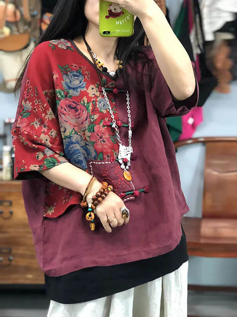 Embroidered Retro Ramie Cotton Stitching T-shirt As1029