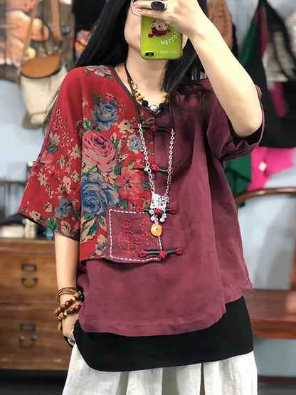 Embroidered Retro Ramie Cotton Stitching T-shirt As1029