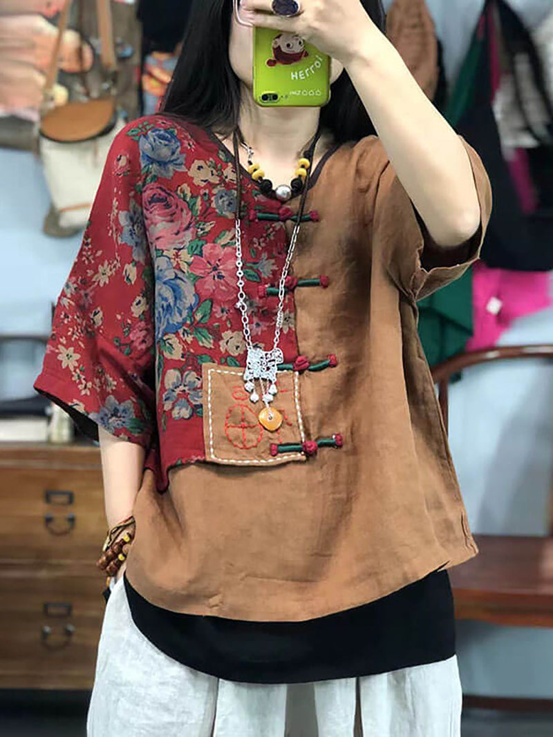 Embroidered Retro Ramie Cotton Stitching T-shirt As1029