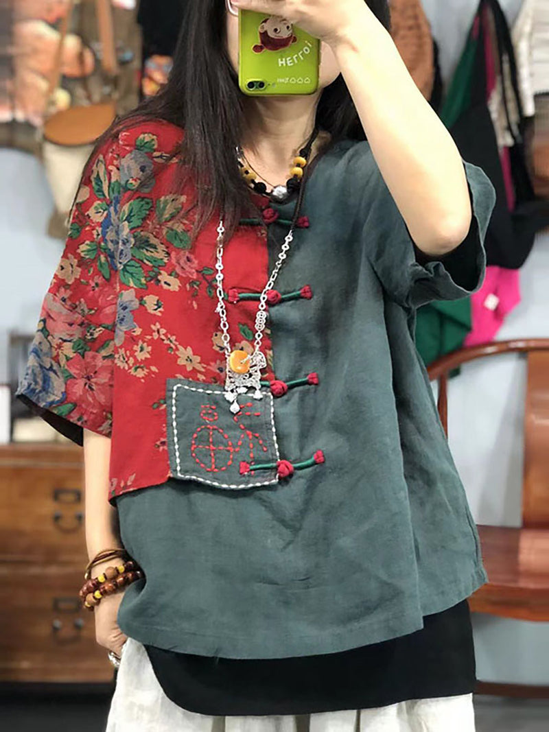 Embroidered Retro Ramie Cotton Stitching T-shirt As1029