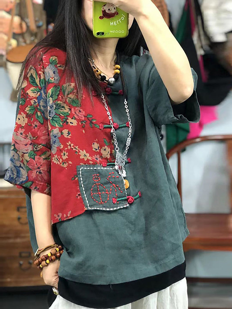 Embroidered Retro Ramie Cotton Stitching T-shirt As1029
