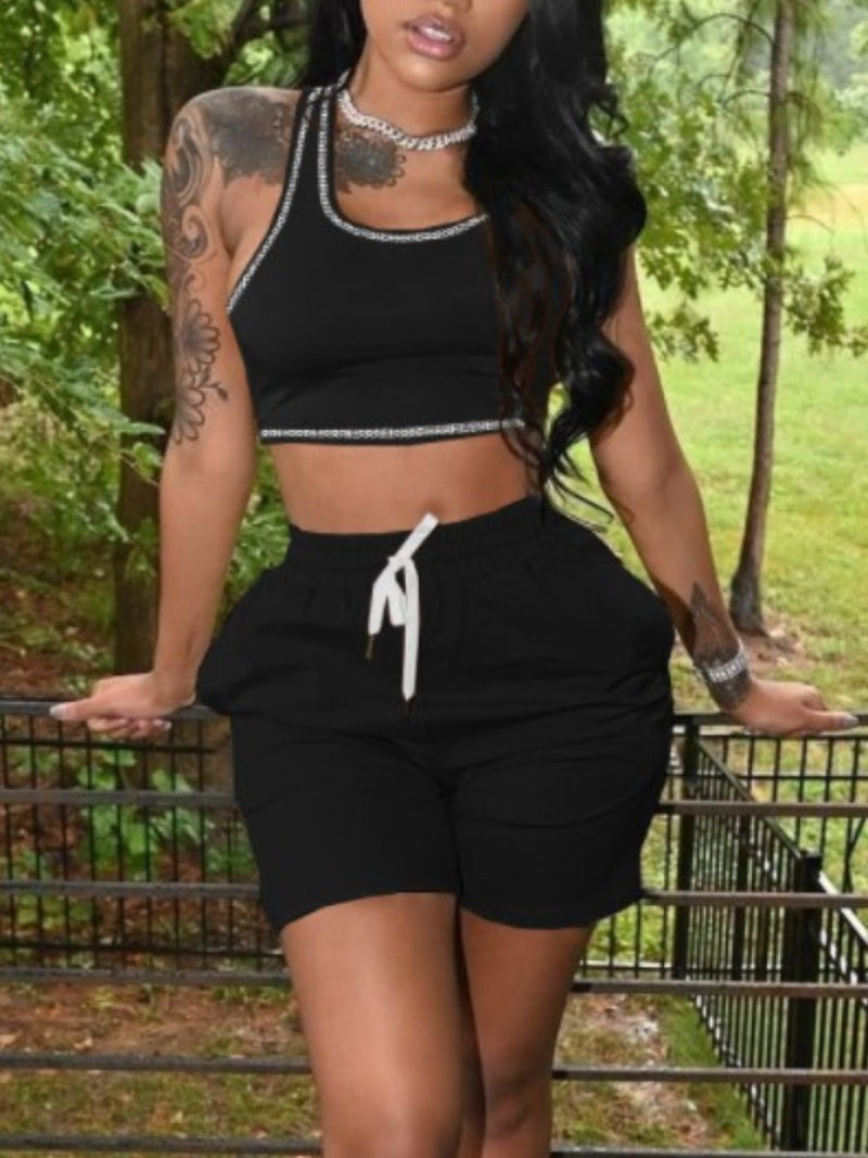 Sporty U Neck Drawstring Black Two Piece Shorts Set Ar5052