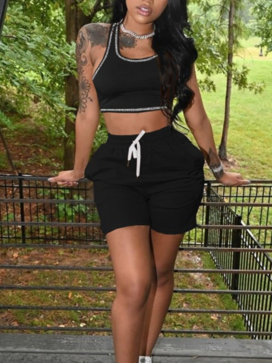 Sporty U Neck Drawstring Black Two Piece Shorts Set Ar5052