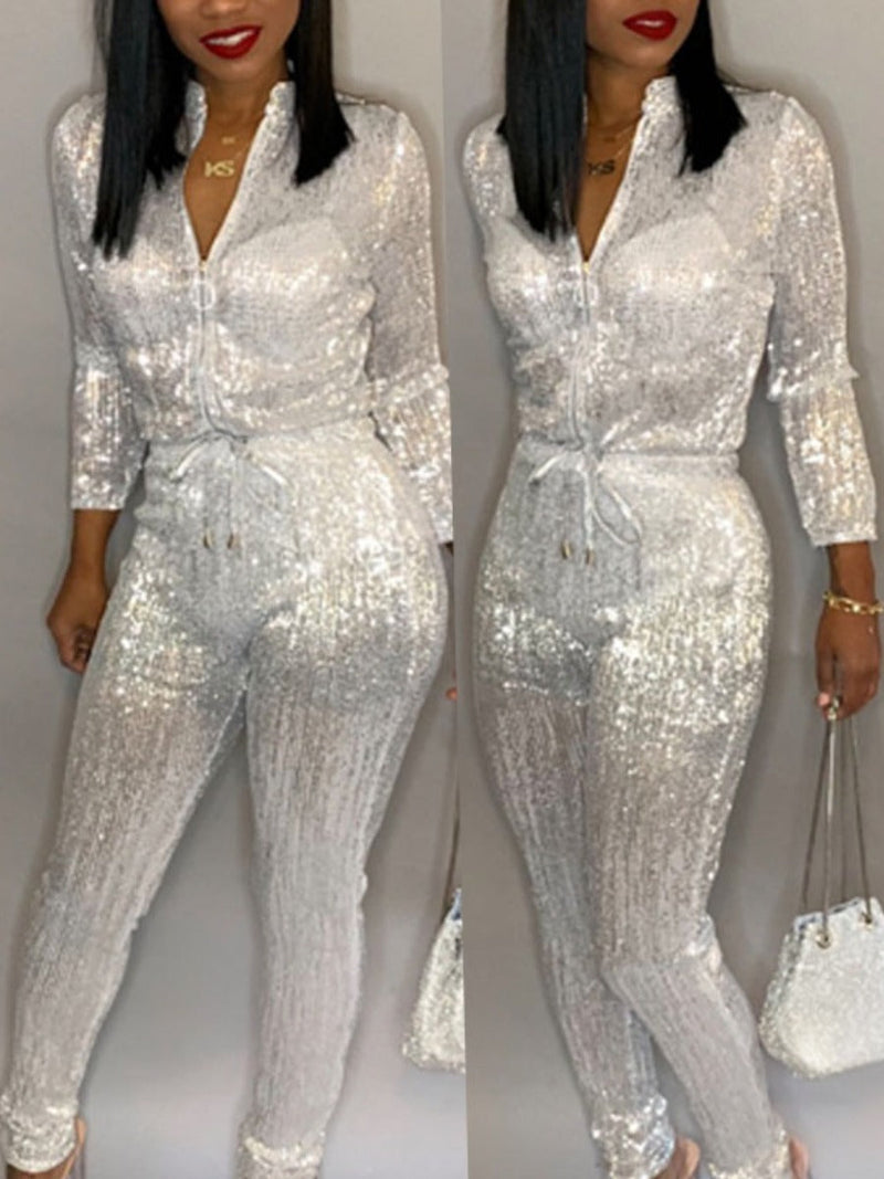 Sequined Zipper Design Jumpsuit Ar5080
