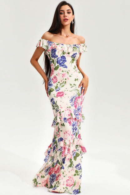 Tiered Ruffle Hem Fishtail Maxi Dress