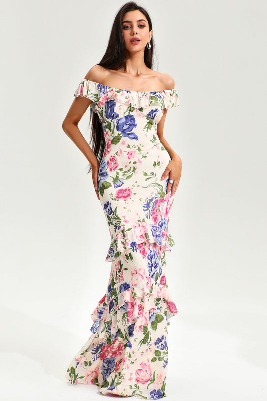 Tiered Ruffle Hem Fishtail Maxi Dress