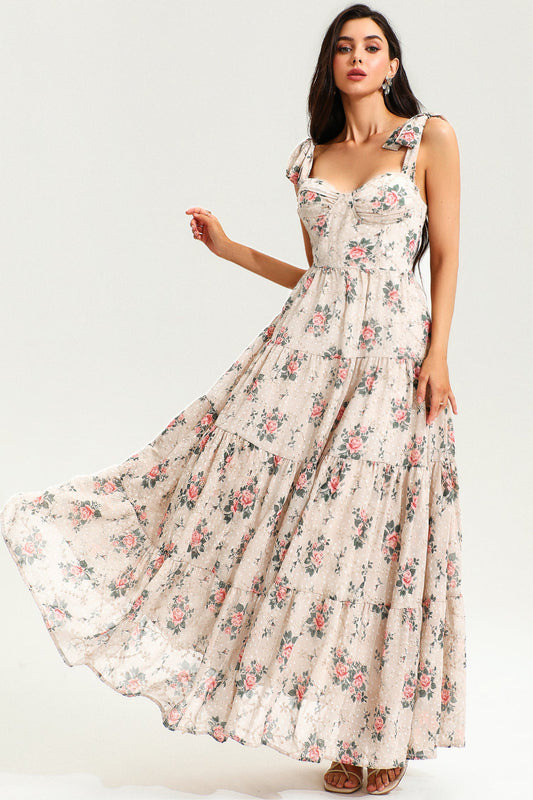 Corset Backless Lace Up Maxi Dress Beige