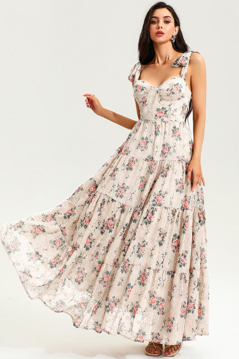 Corset Backless Lace Up Maxi Dress Beige