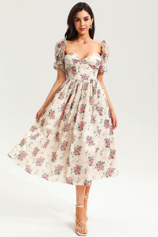 Puff Sleeve Corset Backless Lace Up Slit Midi Dress Pink