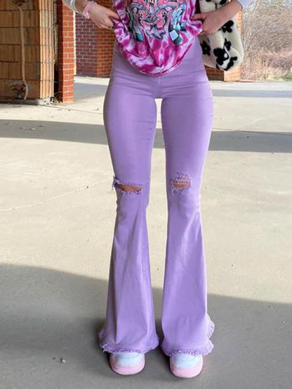Butt-lifting Ripped Raw Edge Flared Pants Colorful High-stretch Denim Trousers