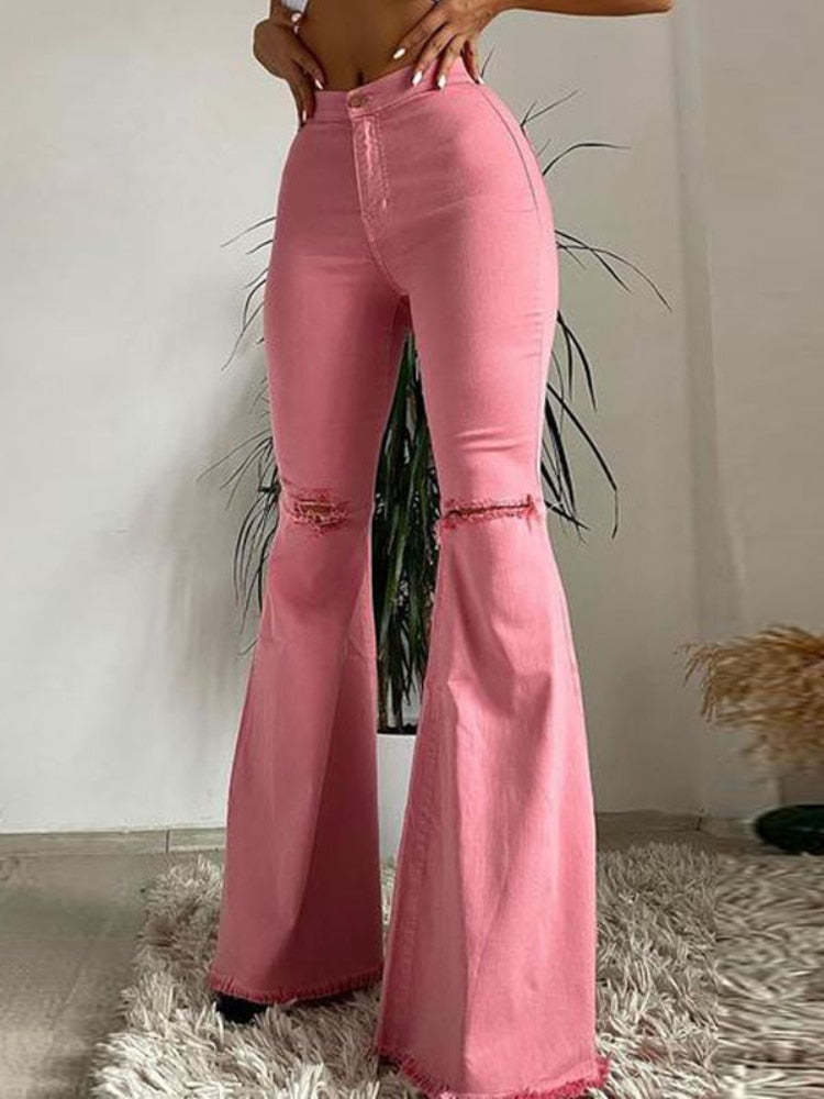 Butt-lifting Ripped Raw Edge Flared Pants Colorful High-stretch Denim Trousers