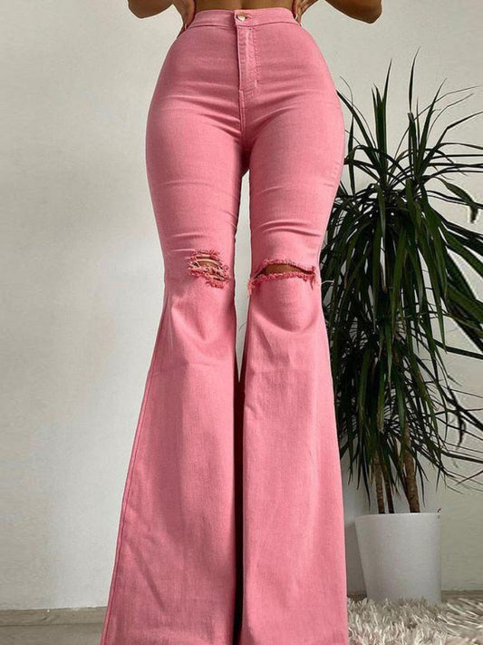 Butt-lifting Ripped Raw Edge Flared Pants Colorful High-stretch Denim Trousers