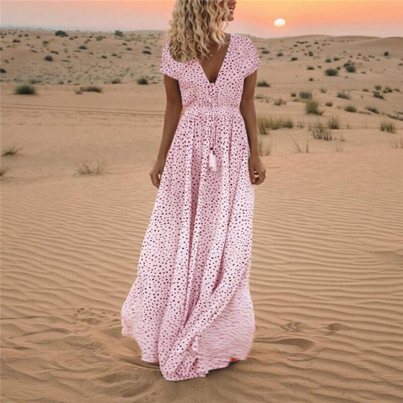 Print Long Party Dress Tassel Maxi Dress Summer Short Sleeve Dresses