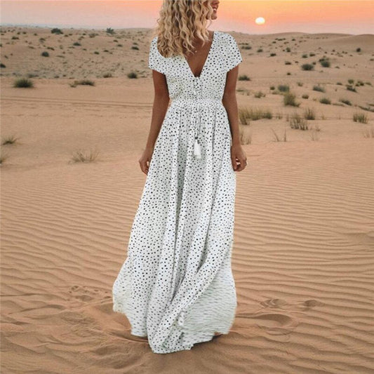 Print Long Party Dress Tassel Maxi Dress Summer Short Sleeve Dresses