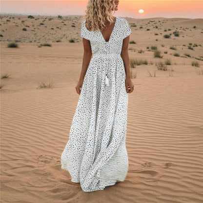 Print Long Party Dress Tassel Maxi Dress Summer Short Sleeve Dresses