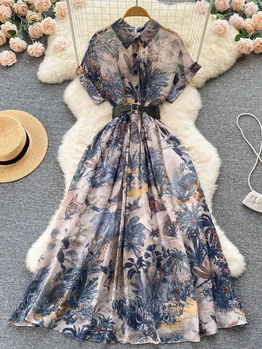 Party Dress Summer French Print Dress High Waist Retro Single Breasted Belt Long Dress