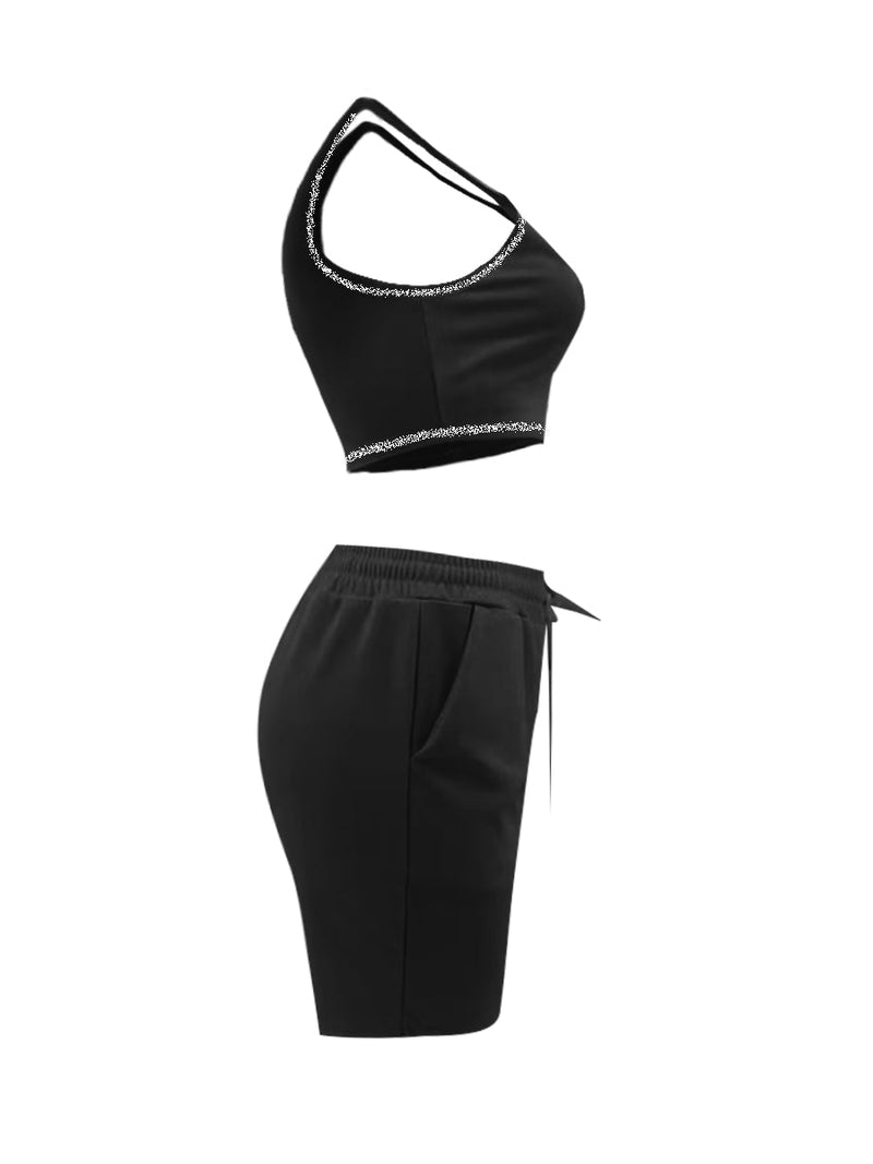 Sporty U Neck Drawstring Black Two Piece Shorts Set Ar5052
