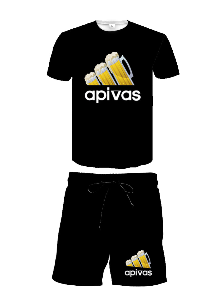 Beer Letter Print Drawstring Shorts Set Ar70119