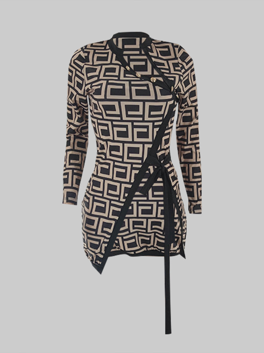 Sxy Geometric Print Bandage Design Blouse Ar5062