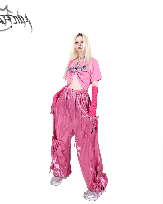 Pinkspink Shiny Parachute Cargo Pants - Hot Pink