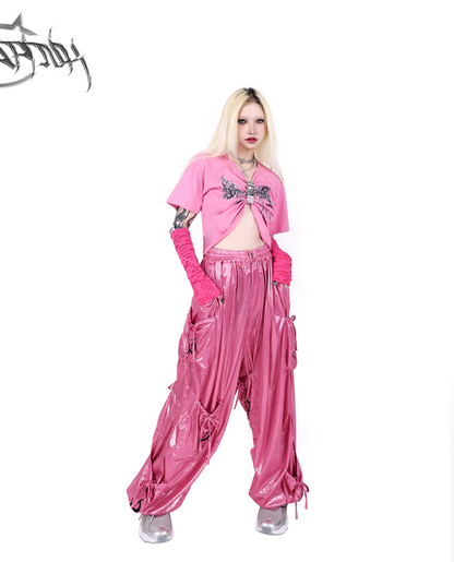 Pinkspink Shiny Parachute Cargo Pants - Hot Pink
