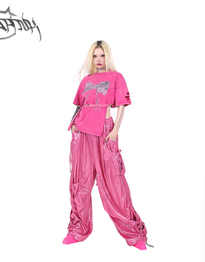 Pinkspink Shiny Parachute Cargo Pants - Hot Pink