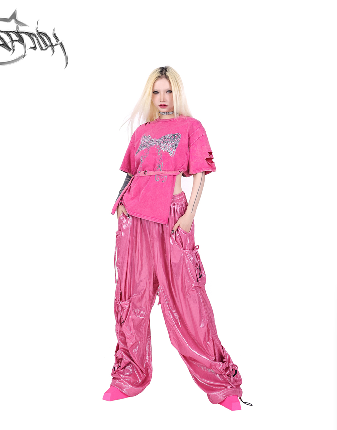 Pinkspink Shiny Parachute Cargo Pants - Hot Pink