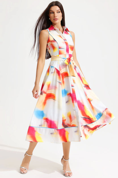 Printed Sleeveless Lapel Lace Up Midi Dress