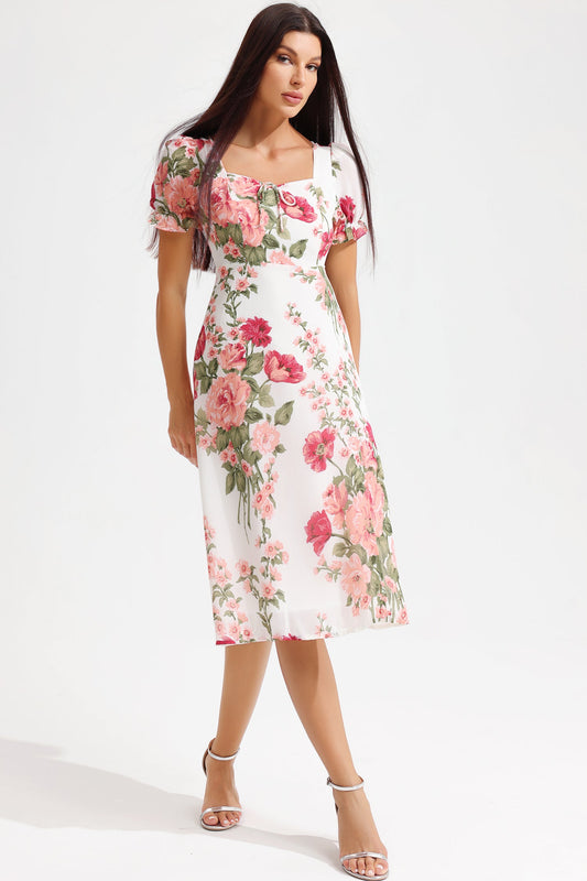Puff Sleeve Square Collar Slit Midi Dress