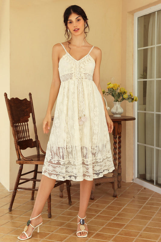 Cami Flounce Hem Jacquard Lace Hem Midi Dress White
