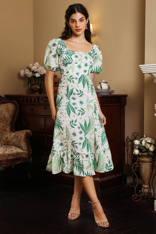 Puff Sleeve Square Collar Slit Midi Dress Green