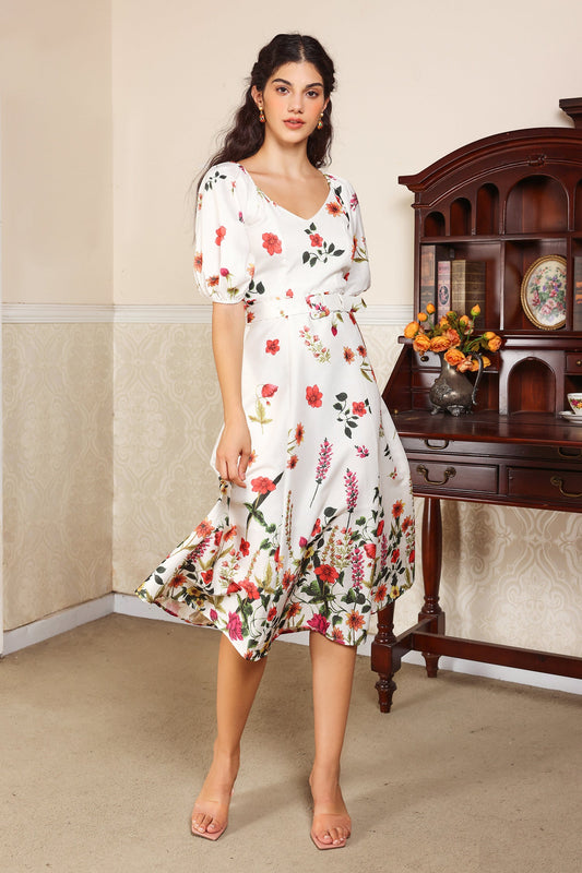 Puff Sleeve V-neck Belted Midi Dress