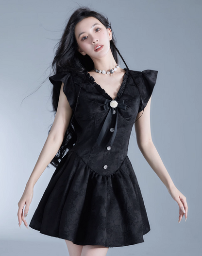 -inspired Black Flutter Sleeve Mini Dress With Button Front