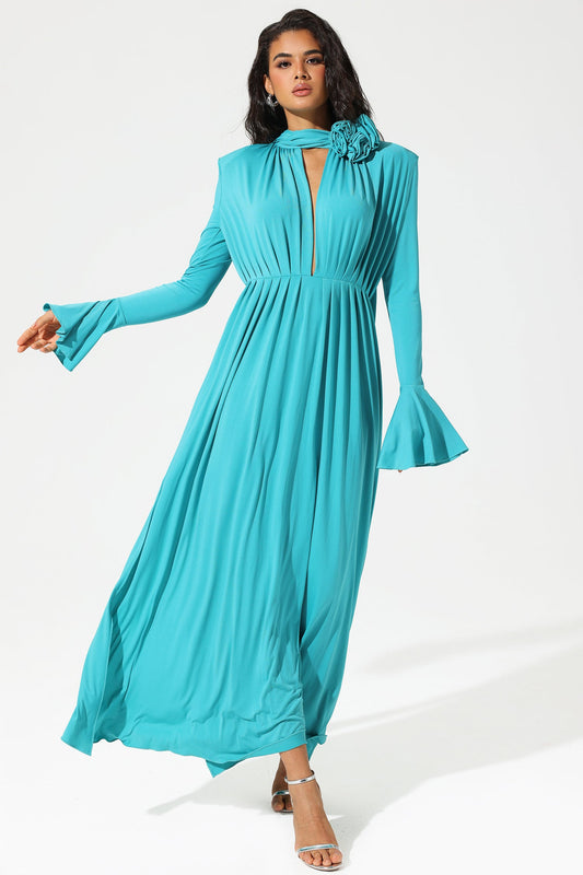 Lantern Sleeve High Collar Flower Slit Midi Dress Blue