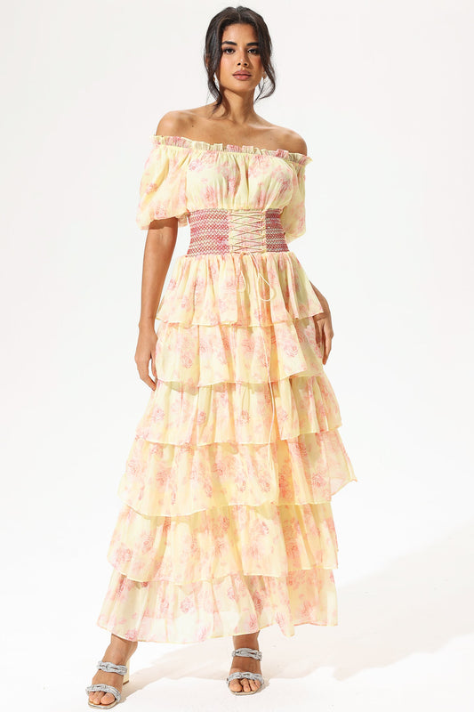 Ruffle Tapered Waist Lace Up Maxi Dress Yellow