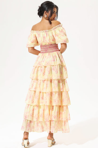 Ruffle Tapered Waist Lace Up Maxi Dress Yellow