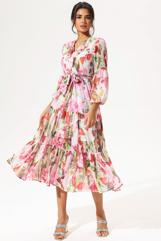 Long Sleeve V-neck Ruffle Maxi Dress