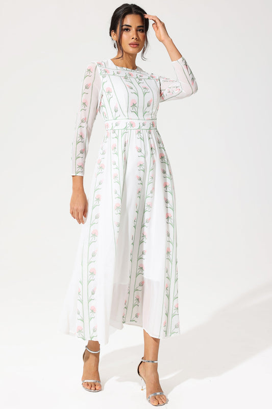 Long Sleeve Crew Collar Silk Georgette Midi Dress