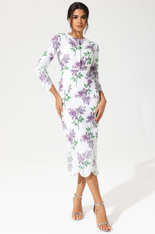 Long Sleeve Crew Collar Broderie Anglaise Maxi Dress