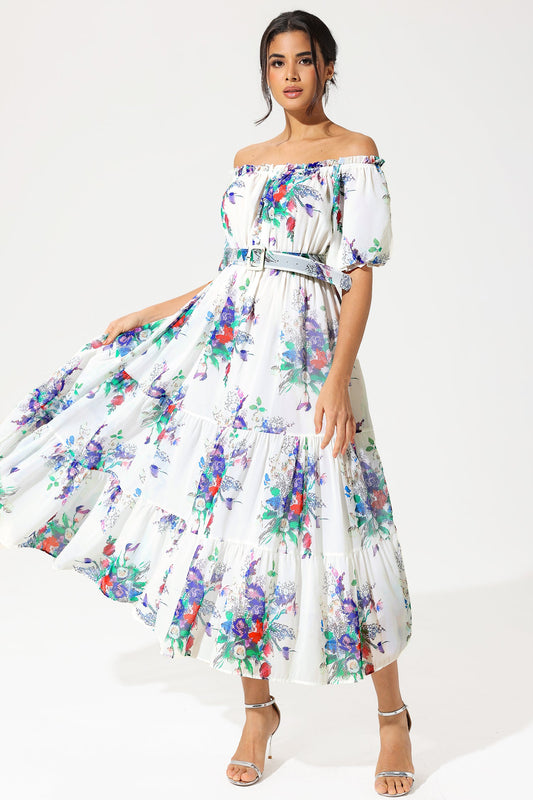 Puff Sleeve Off-shoulder Ruffle Hem Maxi Dress