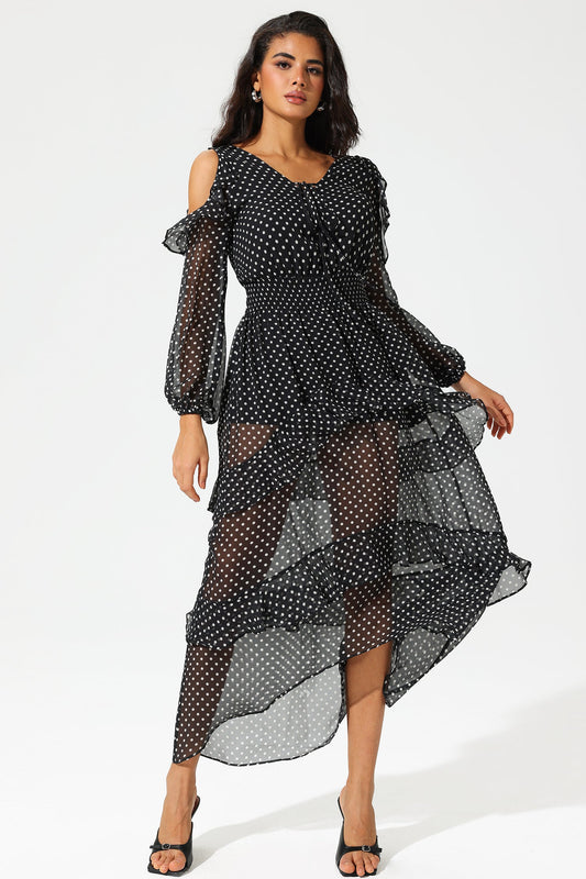 Cold-shoulder V-neck Ruffled Maxi Dress