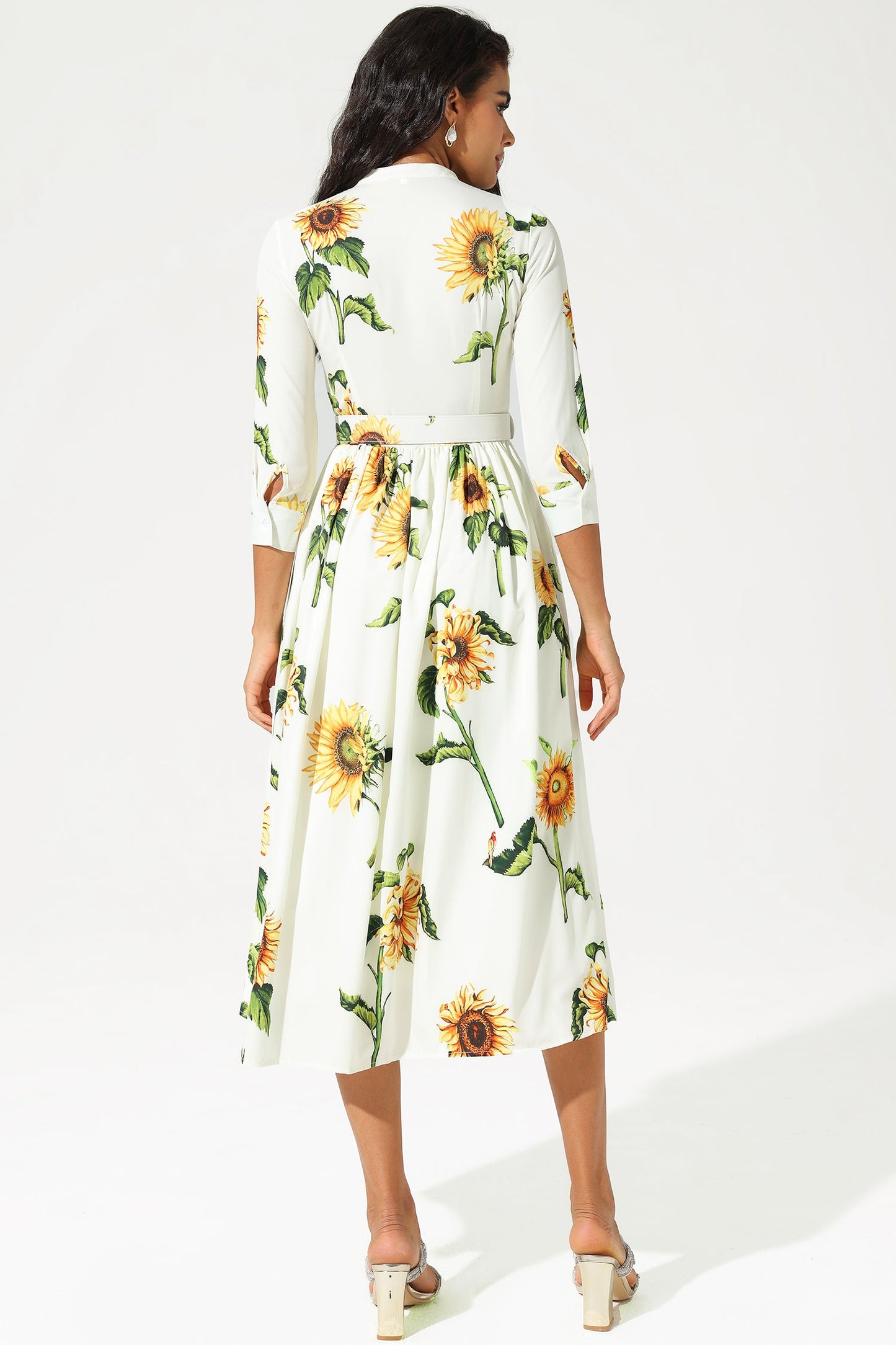 Mid Sleeve Stand Collar Belted Midi Dress
