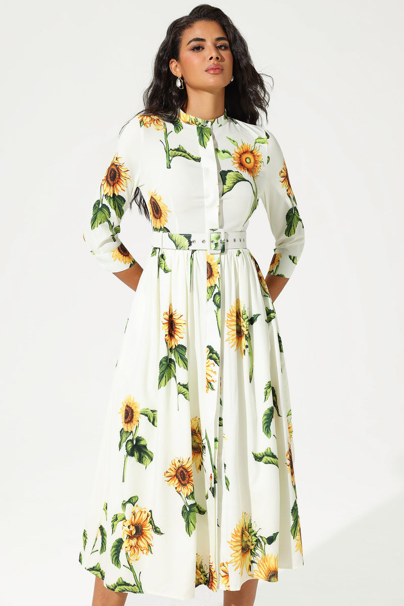 Mid Sleeve Stand Collar Belted Midi Dress
