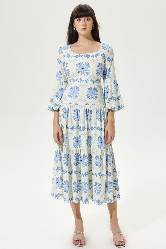 Lantern Sleeve Square Collar Tapered Waist Maxi Dress