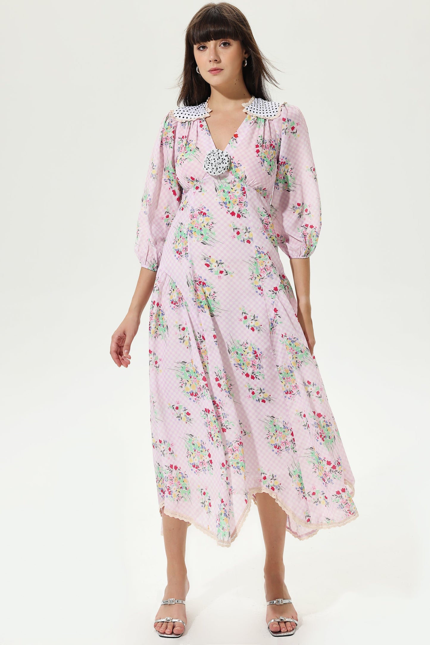 Lantern Sleeve V-neck Belted Lattice Flower Midi Dress